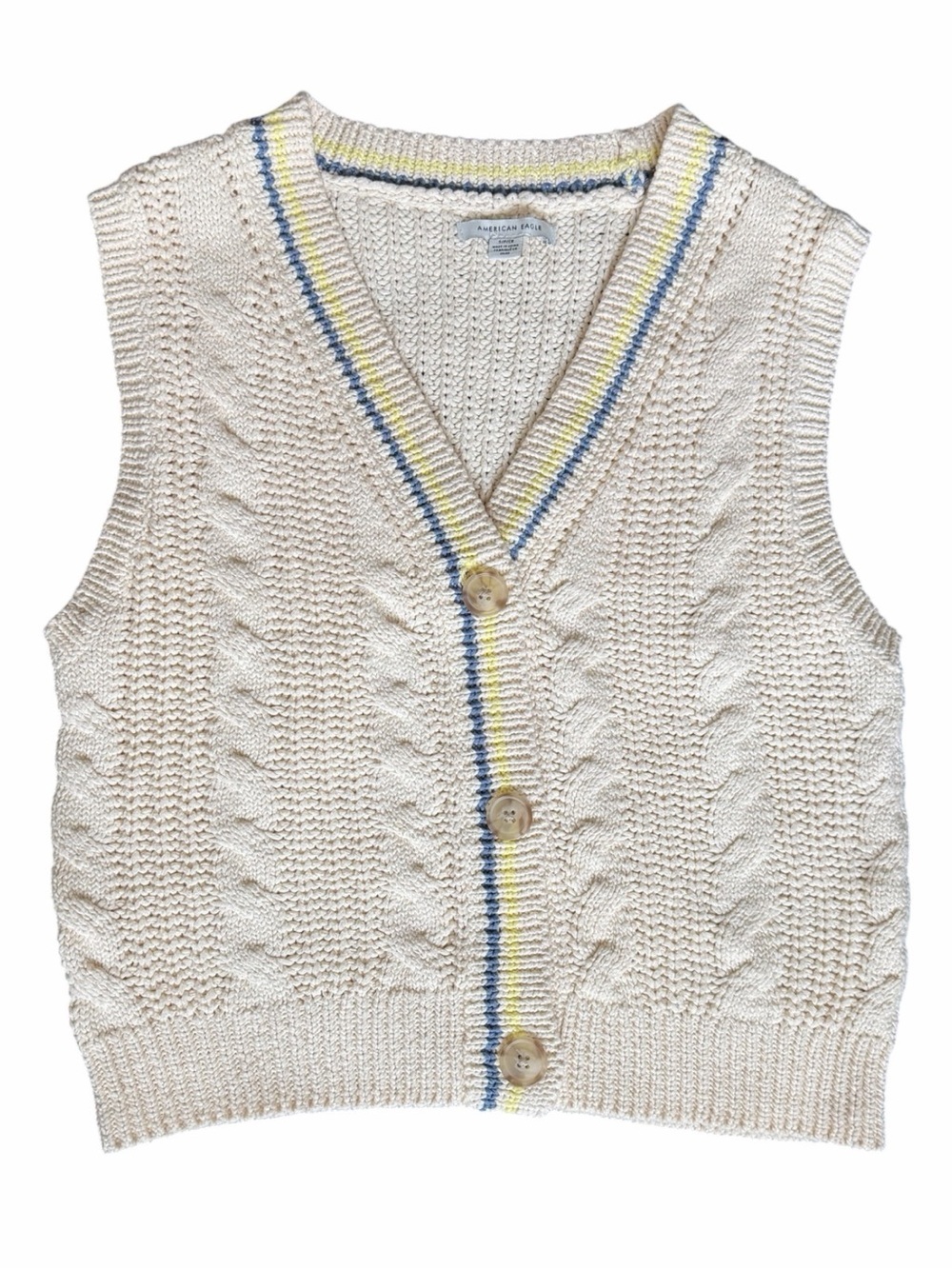 ❣️American Eagle Outfitters Cream Cable-Knit Button Vest with Blue & Yellow Trim